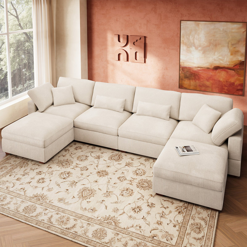 Canapé modulaire en nuage avec rangement Bouley Beige, Velours côtelé beige