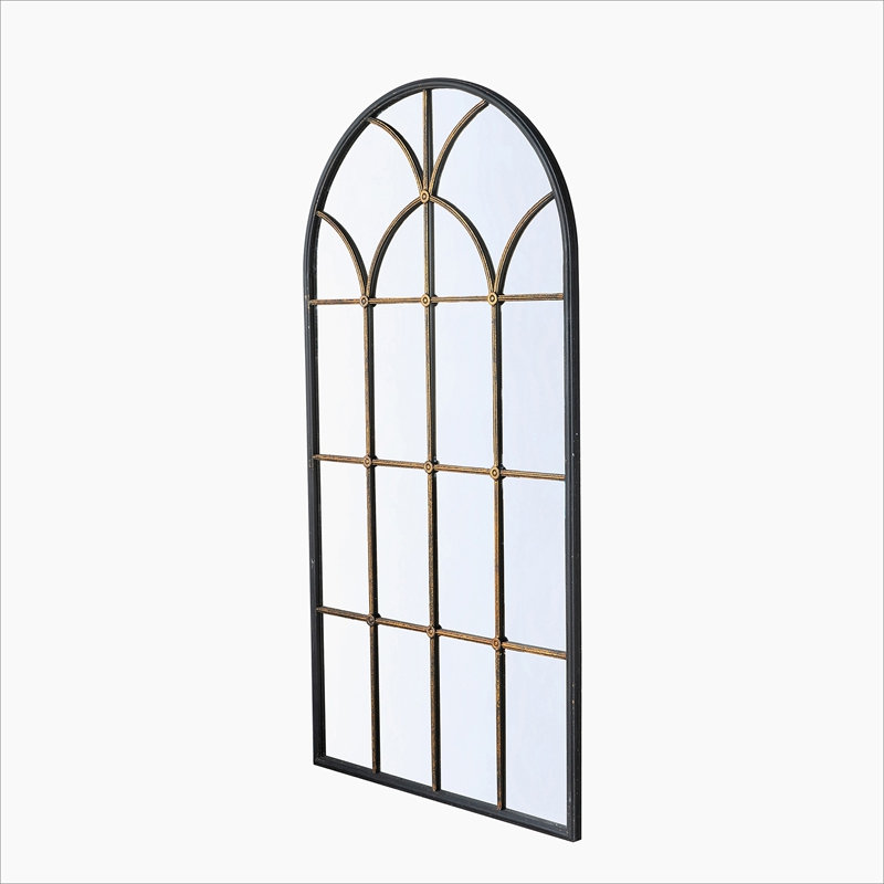 34x65.5" Arched Full-Length Mirror with Black and Gold Windowpane Design