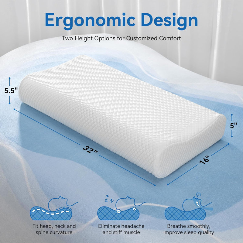 King Size Contour Memory Foam Pillow, Cervical Pillow For Neck Pain Relief, Neck Orthopedic Sleeping Pillows For Side, Back And Stomach Sleepers