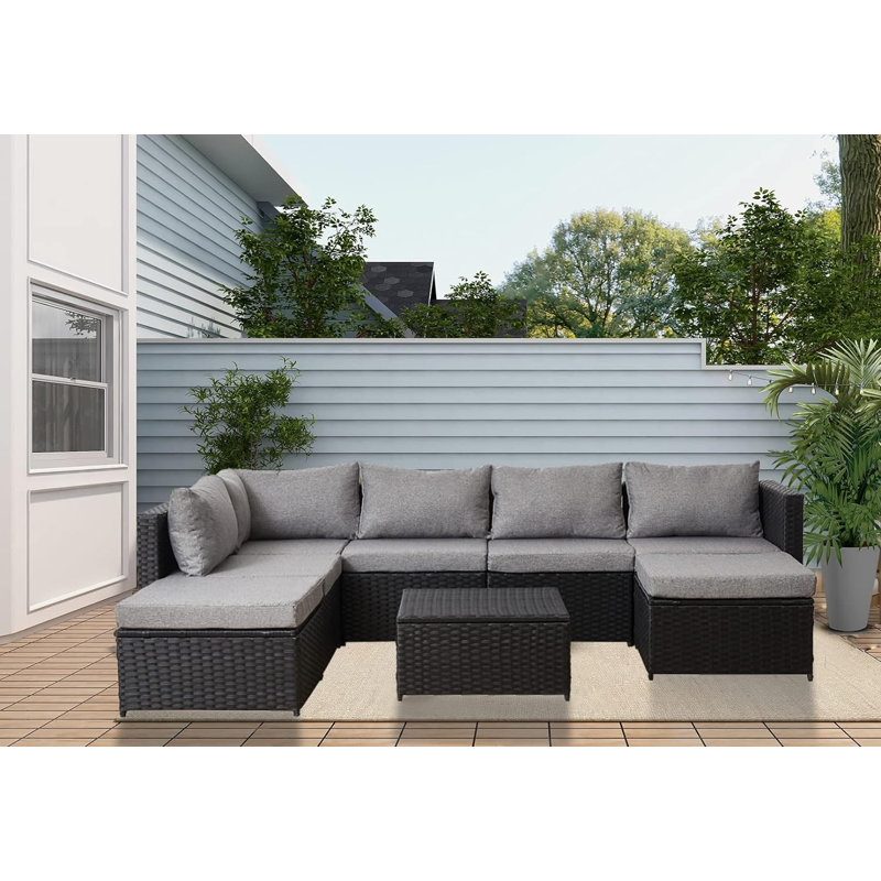 Nivek 7 - Person Outdoor Seating Group with Cushions, Gray Cushion/Black Frame