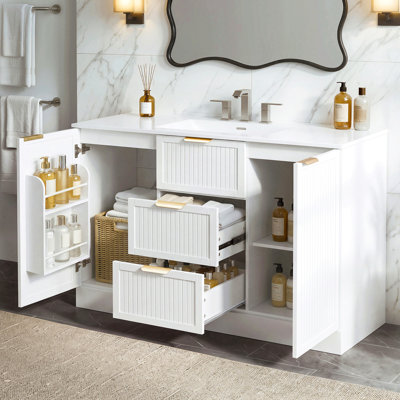 Armoire de salle de bain 47,8 pouces, base de meuble-lavabo autoportant en MDF avec 2 tiroirs et 2 portes, armoire de rangement avec support à deux niveaux, tablettes réglables, charnières à fermeture douce, blanc