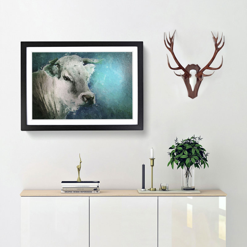 Cow in the Meadow with Blue Light - Picture Frame Painting Print, Black Framed, 27cm H x 36cm W x 2cm D