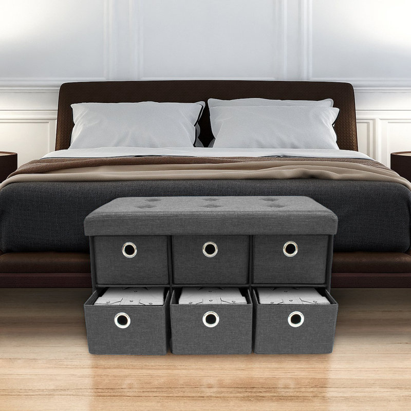 Banc de rangement rembourré avec tiroirs, gris
