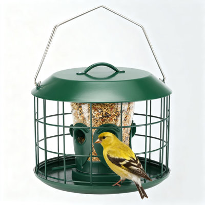 Squirrel Proof Bird Feeder With Protective Cage, Rain Cover And Seed Tray, 4 Feeding Ports For Attracting Finches, Chickadees And Small Wild Birds