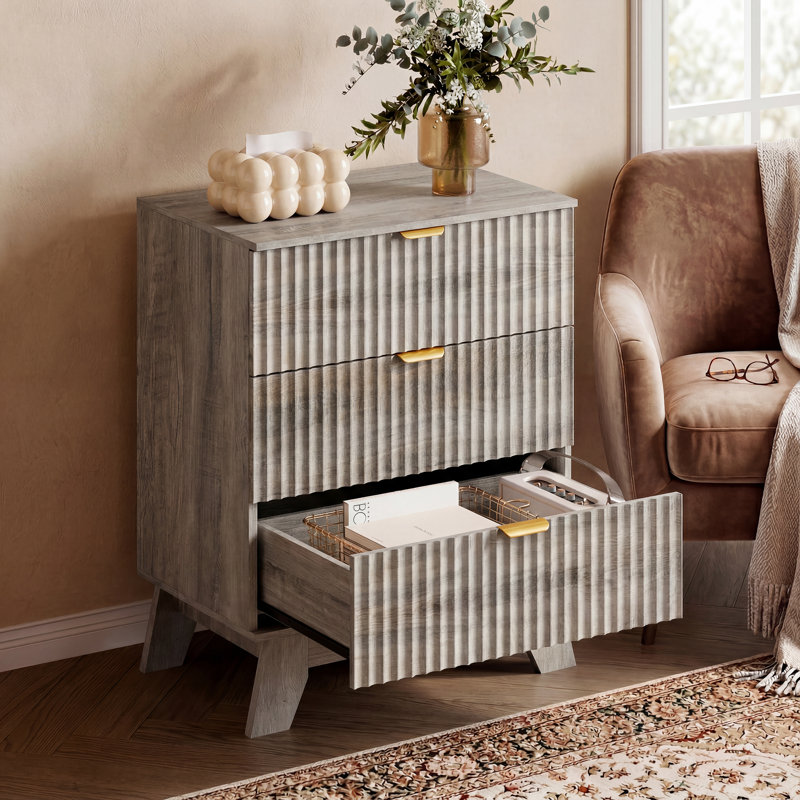 Commode à 3 tiroirs cannelée pour chambre à coucher avec commode, commode en bois de 23,6 po de largeur, table de chevet