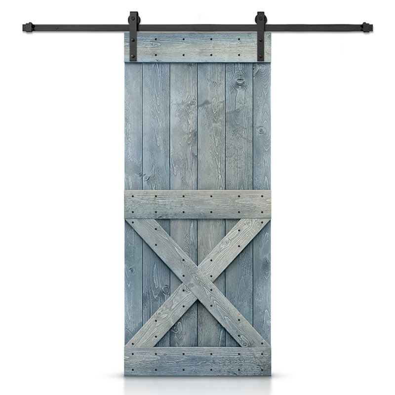 Porte de grange à panneaux et en bois avec quincaillerie d'installation, 36 po x 84 po, Bleu denim, Noir mat