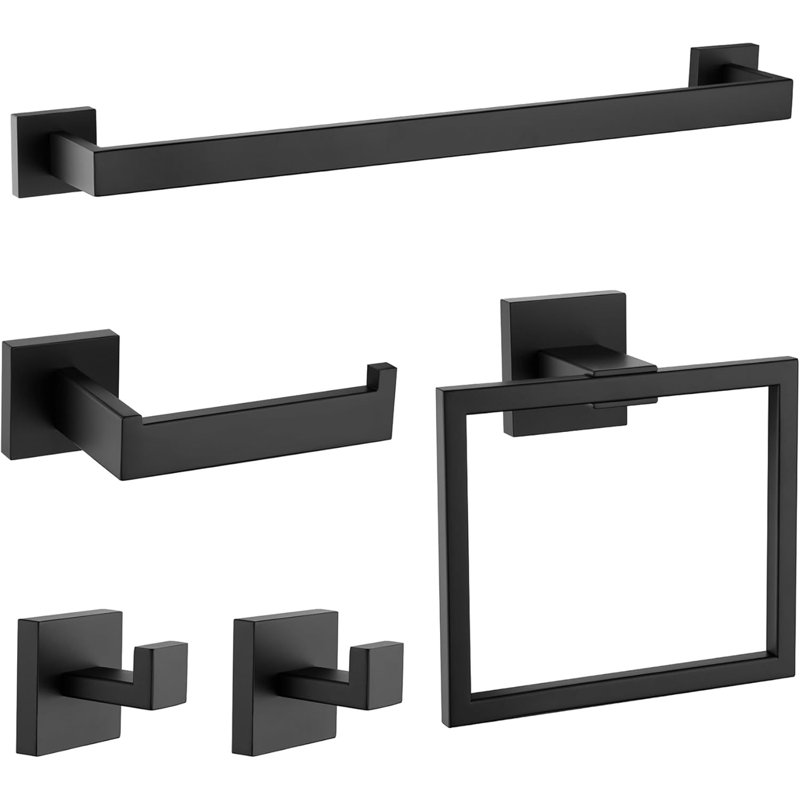 5-Piece Bathroom Hardware Set - 16-Inch Towel Bar, Towel Ring, Coat Hook, Toilet Paper Holder - Wall Mounted Matte Black Stainless Steel Bathroom Accessories Kit