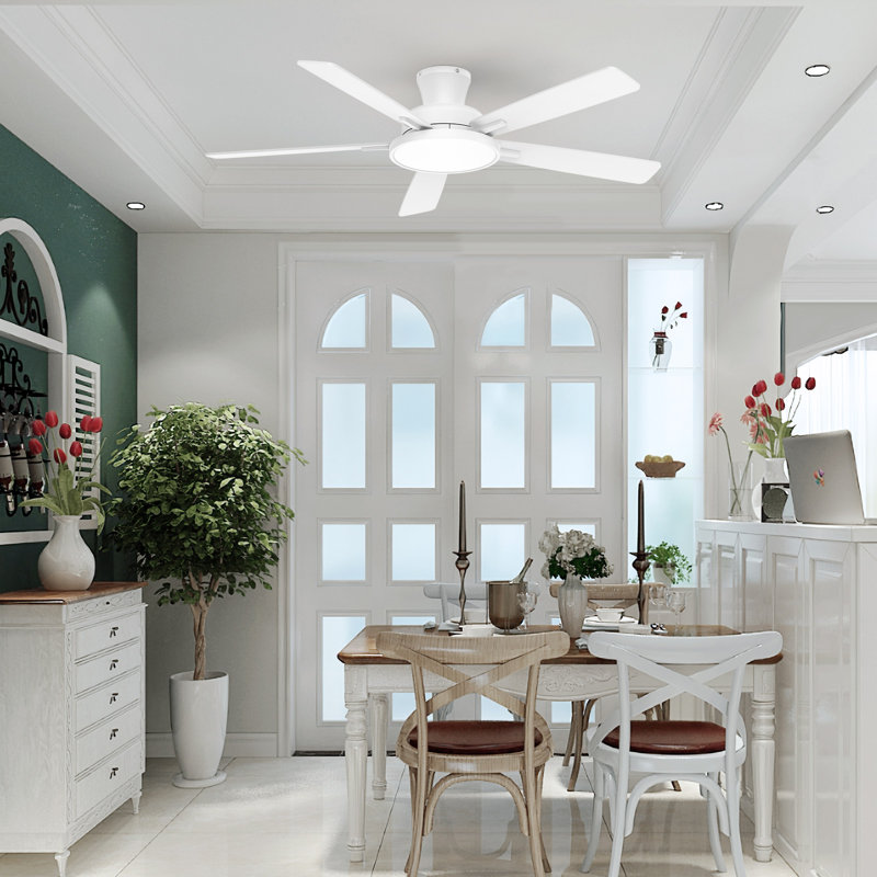 Wrought Studio™ 52 Inch Flush Mount Ceiling Fans With LED Lights, White with Brown/White Blades