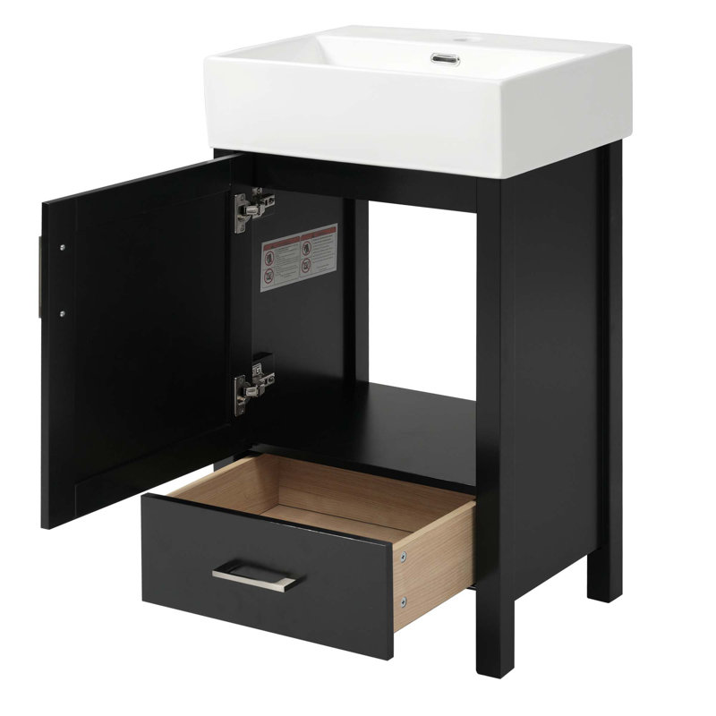 Meuble-lavabo moderne de 20,28 po avec lavabo en céramique, structure en bois massif et tiroir - idéal pour les petites salles de bain.