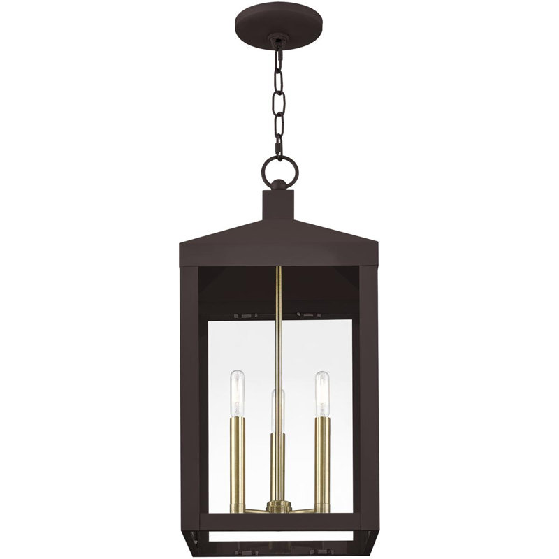 Lanterne suspendue d'extérieur 3 lumières avec abat-jour en verre transparent, H 24 po x l 10,5 po x P 10,5 po, Noir / Bronze