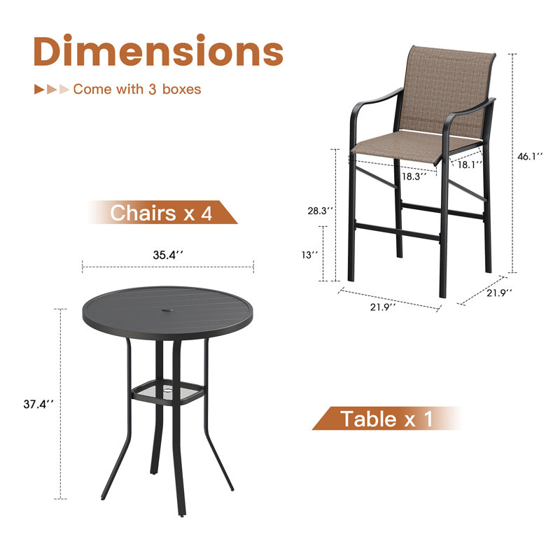 Ensemble de bar pour 4 personnes avec table de bar ronde et 4 chaises de bar PVC-coated polyester, Brun / Noir