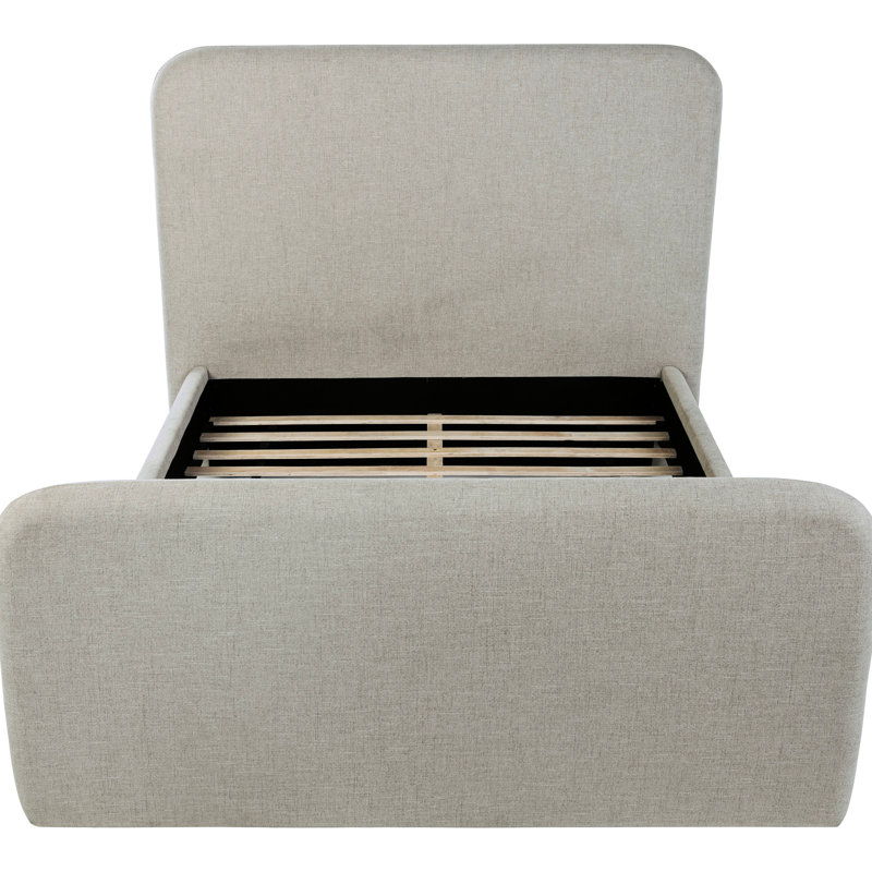 Grand lit tapissier gris, simplicité moderne, tête et pied à panneau double, rembourrage, base à lattes pour une plateforme de soutien de style contemporain, coins arrondis, détente confortable,
