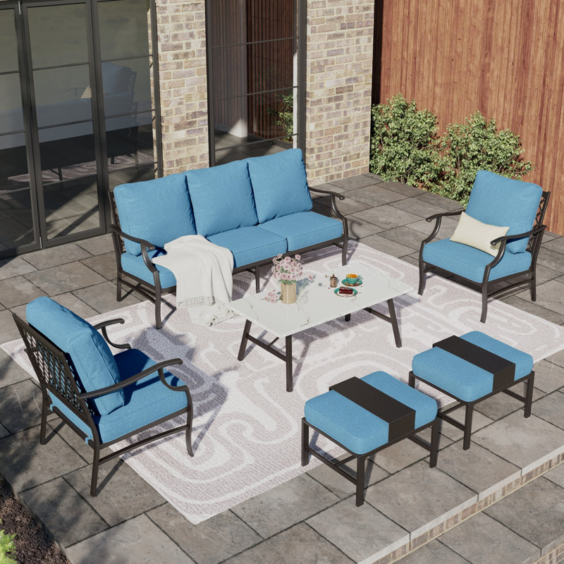 Asfand 5-7- Person Patio Conversation Set with Optional Ottoman, Denim Blue, Yes