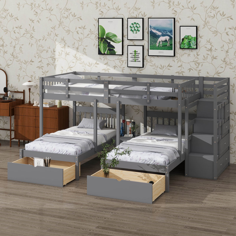 Full Over Twin & Twin Triple Bunk Bed, With Storage Drawers And Full-Length Guardrails, Gray
