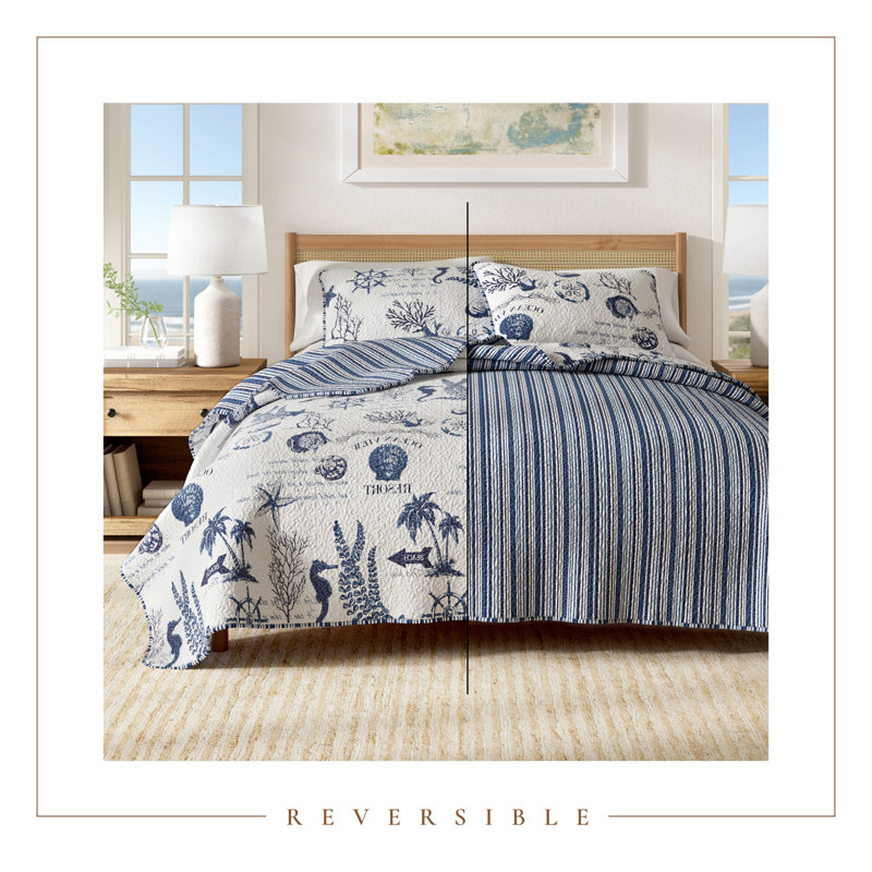Catalina Twin Reversible Navy Blue Microfiber Quilt Set