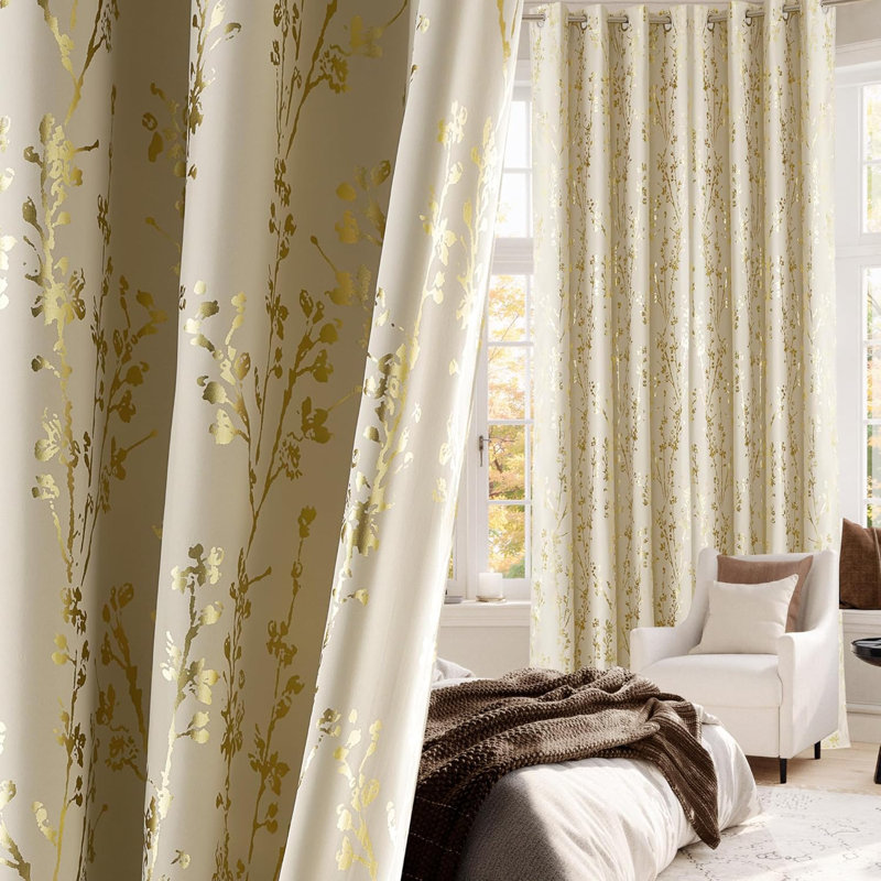 100% Blackout Curtains, Grommet Pattern Gold Foil Printed Window Treatments Room Darkening Drapes for Bedroom, 2 Panels