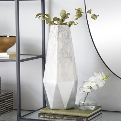 Leyt Ceramic Faux Marble Decorative Gray Vase with Silver Base