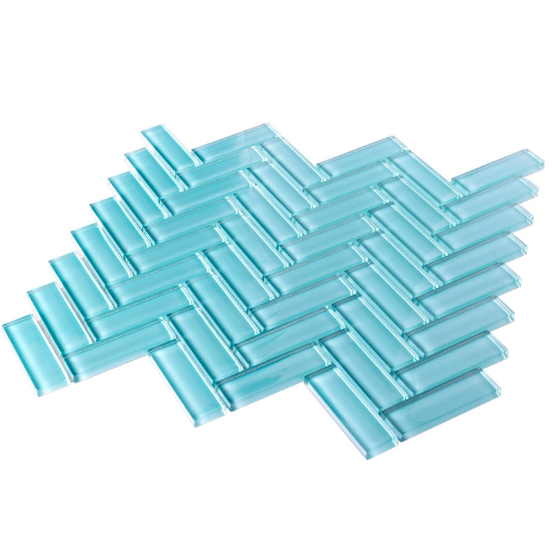 11"X 12.6" Herringbone Polished Glass Mosaic Tile, Light Blue