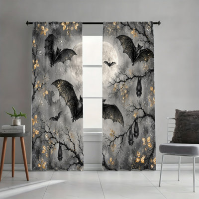 2Pcs Spooky Bat-Moon Light Filtering Curtains, Delicate Twig Ornament Accents, Mysterious Halloween-Theme Graphic, Rod Pocket Easy-Hang Design, All-Season for Living Room, Bedroom, Dormitory