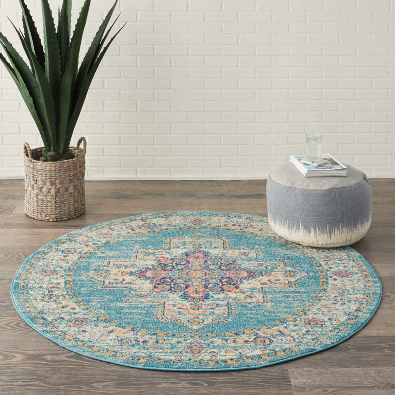 Abbate Oriental Light Blue /Ivory Area Rug, Round 4'