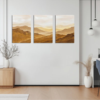 Ensemble de 3 toiles murales représentant un paysage de montagnes désertiques, idéal pour la décoration du salon et de la chambre.