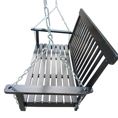 Black Wood Porch Swing With Chains & Armrests - Outdoor Patio Bench For Garden/Backyard