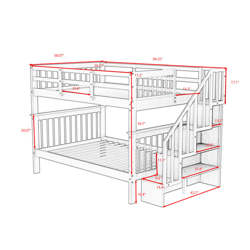 Lit superposé double en bois avec tablettes de rangement, gris