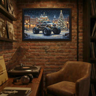 Camion de Noël dans une ville enneigée