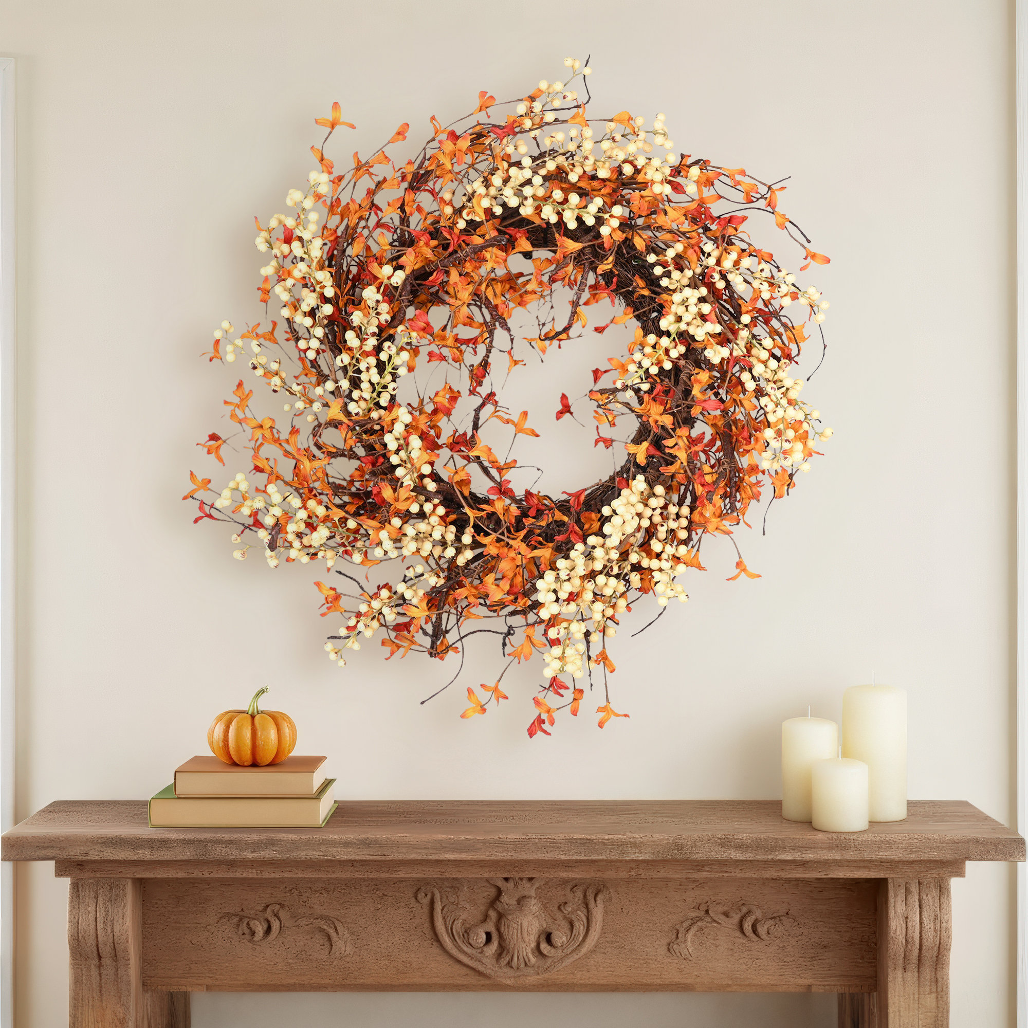 24" Faux Fall Autumn Berry Front Door Wreath, Farmhouse Thanksgiving Day Decor