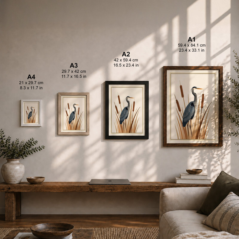 Heron Among Cattails Scandinavian - Framed Print, Walnut, A3 - 42.0 x 29.7 cm