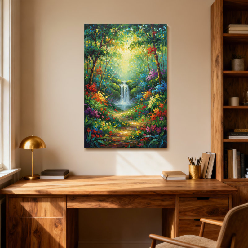 Paysage, nature, forêt, sentier, chute d'eau, fleurs, arbres, nature, jardin, H 24 po x l 16 po