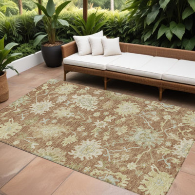 Tapis extérieur lavable floral vert cuivré et ivoire 10 pi x 14 pi