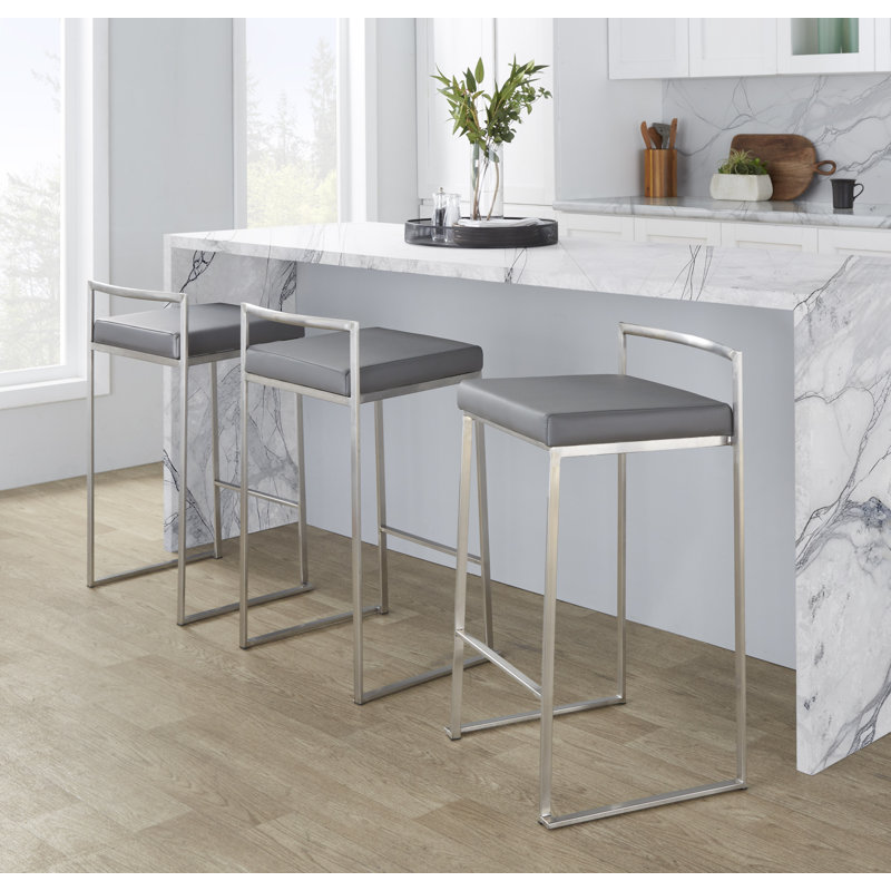 Tabouret de bar et de comptoir Derik, Acier inoxydable, Tabouret de comptoir (siège d'une hauteur de 27 p, Similicuir gris