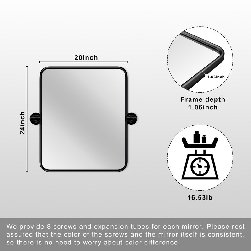 Metal Rectangle Wall Mirror, Vertical, 24" x 20", Black