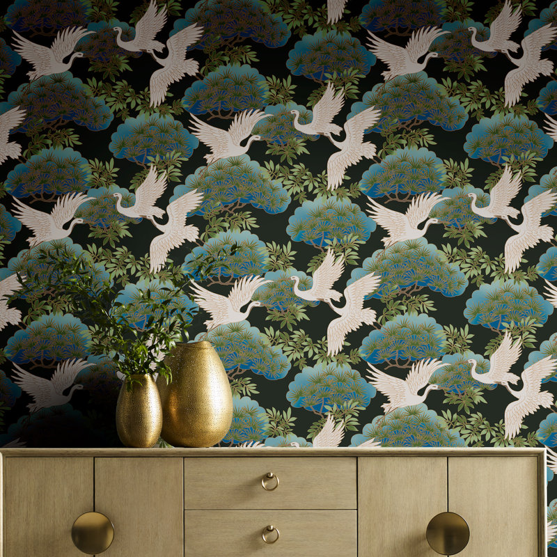 Sprig and Heron 27' L x 27" W Wallpaper Roll, Black