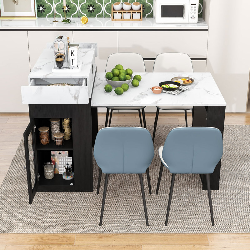 Îlot de cuisine roulant extensible avec table rabattable, prise de courant encastrée et armoire vitrée, Blanc / marbre, Black