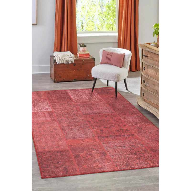 Tapis décoratif rouge à motif tissé patchwork, Rectangle 8 pi 3 po x 11 pi 6 po