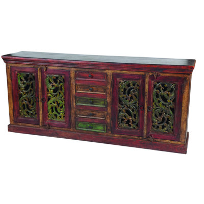 84" Brown Gray and Green Solid Wood Five Drawer Buffet Table with Four Doors