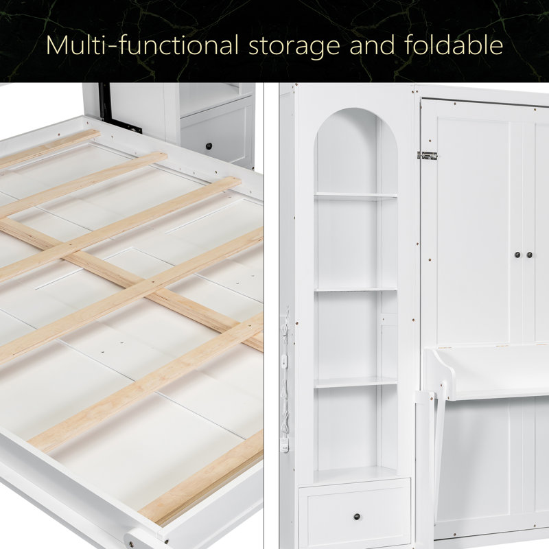 Grand lit plateforme escamotable avec tablette, armoires latérales, tiroirs et DEL, Blanc