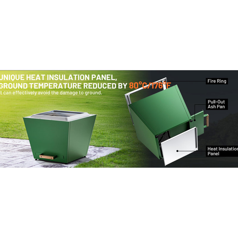 25" Smokeless Fireplace For Outdoor - Stainless Steel With Pull-Out Ash Pan Portable Camping, Backyard, Patio Design, Green