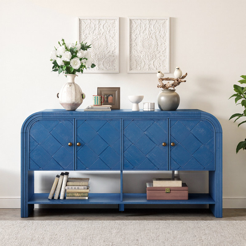 Console de style américain bleu marine avec lattes en bois tissé et placage de bois massif - Solution de rangement pour hall d'entrée et couloir