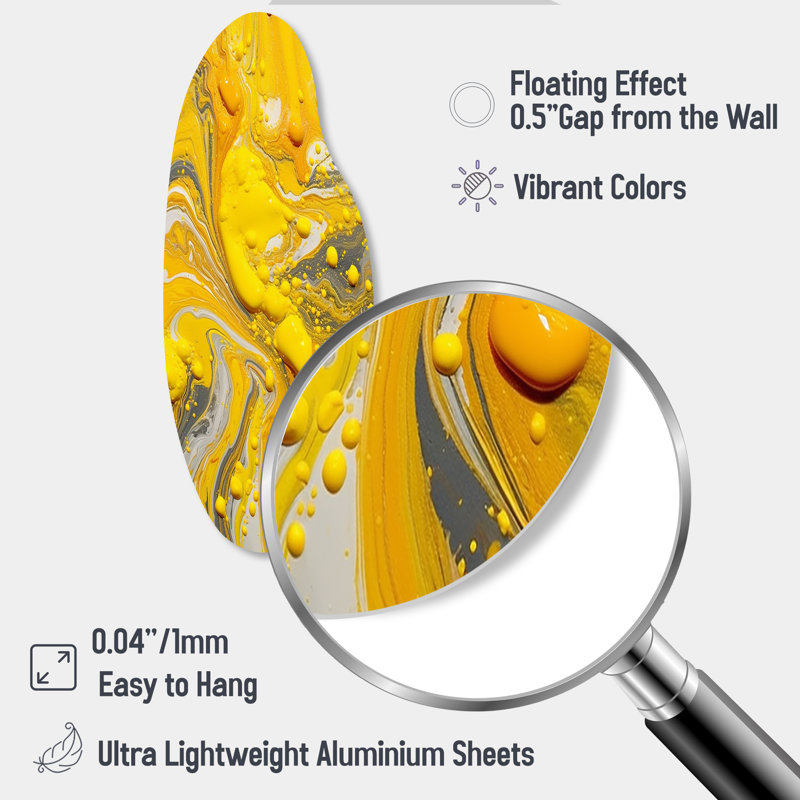 Yellow and Grey Cosmic Vibrations I - Abstract Asymmetrical Metal Wall Decor, Yellow Curved Metal Art Print