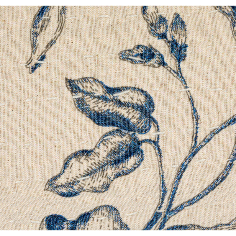 Blue Floral Patterned Cotton and Linen Lumbar Pillow