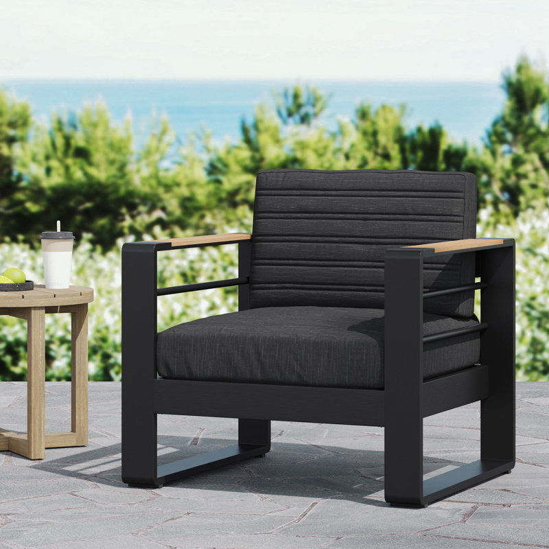 Chaise d'extérieur avec accoudoirs et coussin moelleux, Noir