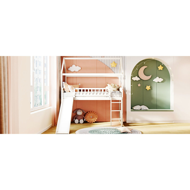 Twin Loft Bed With Slide, Safe And Stable. Modern Bedroom Feature Slide Timeless. Frame For Long Use, Blanc