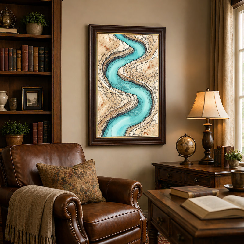 «Winding Turquoise River» qui coule à travers un terrain brun, art mural, 18"H x 12"W