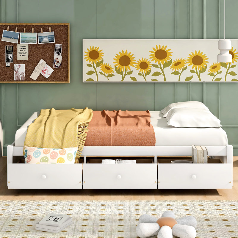 Lit plateforme simple en bois massif avec 3 tiroirs - Blanc pour une chambre à coucher calme et sereine
