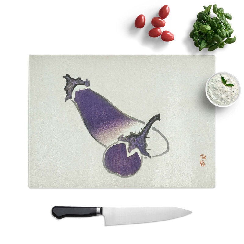 Tempered Glass Aubergine Eggplants Chopping Board, 39 cm W x 28.5 cm L