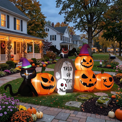 Décoration gonflable d'Halloween de 2,4 m de long : chat noir, citrouille et chauve-souris | DEL intégrées, étanches, gonflage en quelques minutes, décoration géante pour jardin, terrasse ou porche