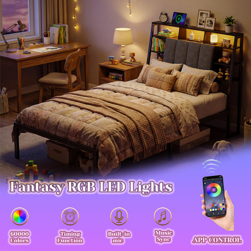 Upholstered Storage Bed Frame with RGB LED Lights & Charging Station, Smart Platform Bed No Box Spring Needed, Twin